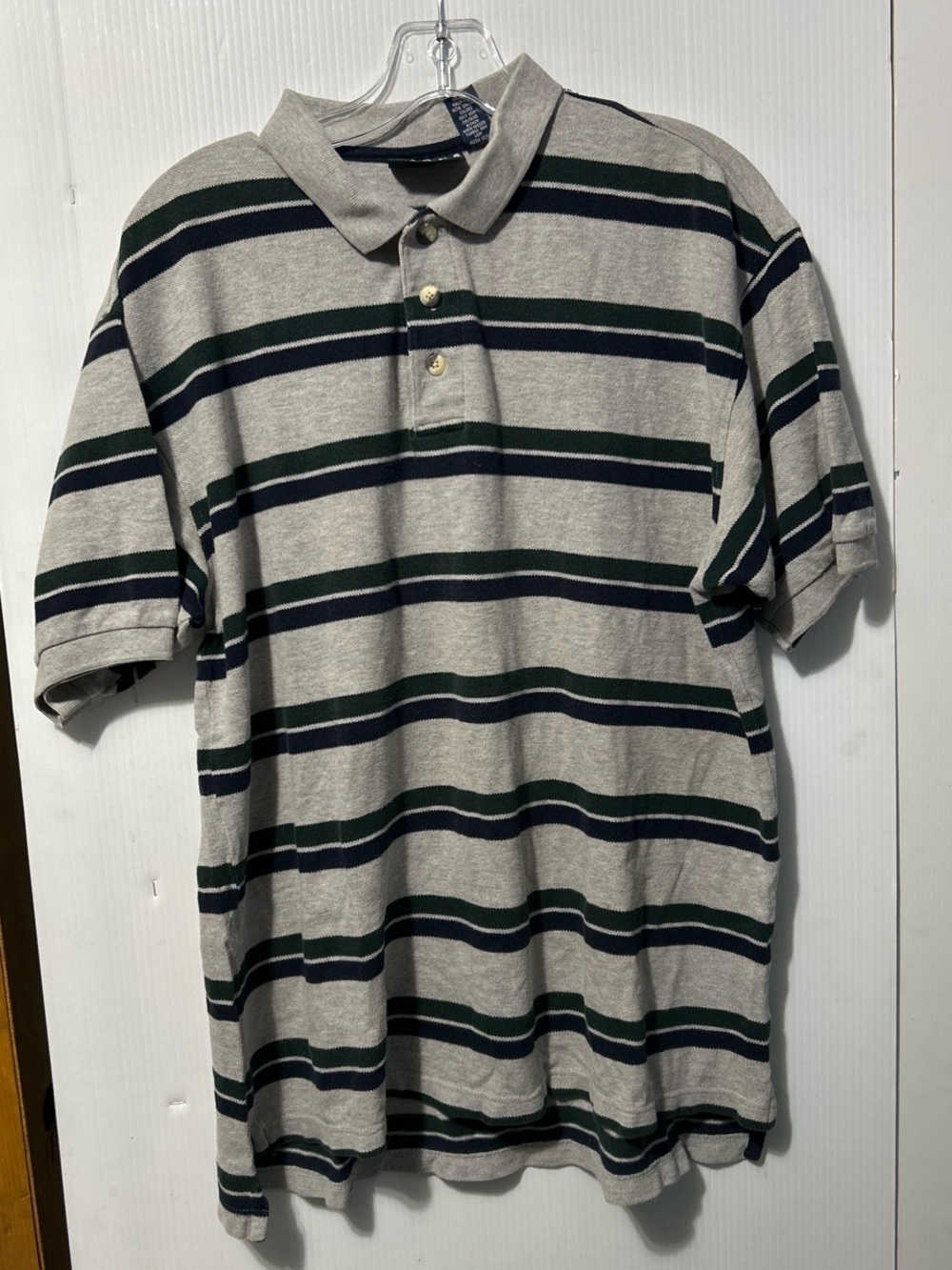Trader Bay Light Gray Polo with Green & Navy Stripes
